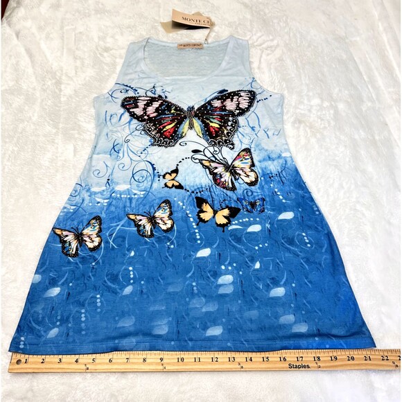 Monte Cervino Women's  Blue Butterfly Print Mini Lace Back Dress Tunic Sz L/XL - Picture 9 of 11